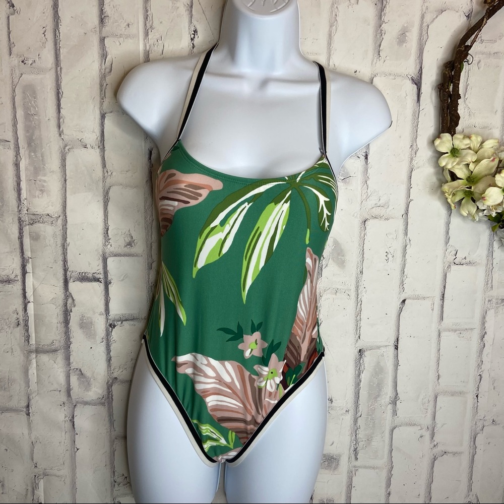 Xhiliration green tropical one piece swimsuit Sz S